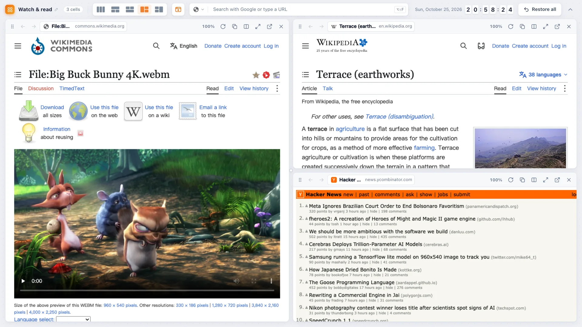 TabTerrace tab grid showing 3 live websites in one Chrome tab