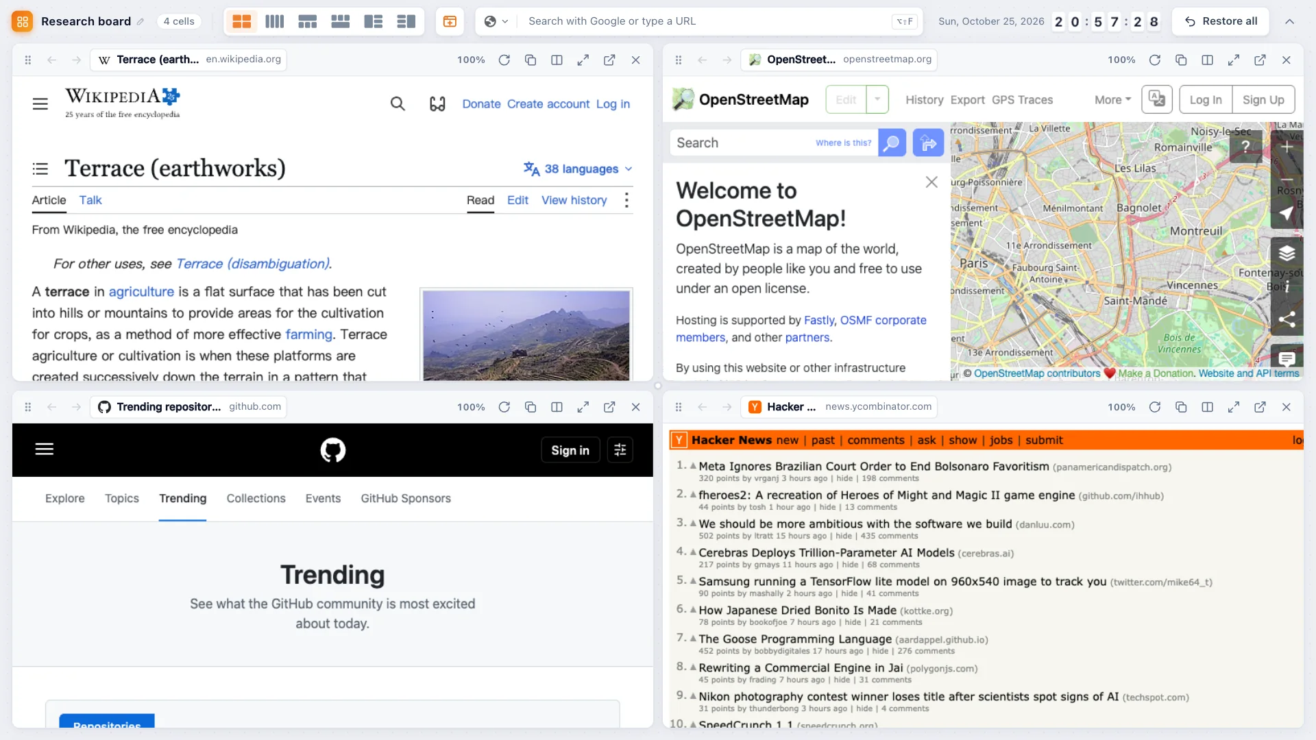 TabTerrace tab grid showing 4 live websites in one Chrome tab