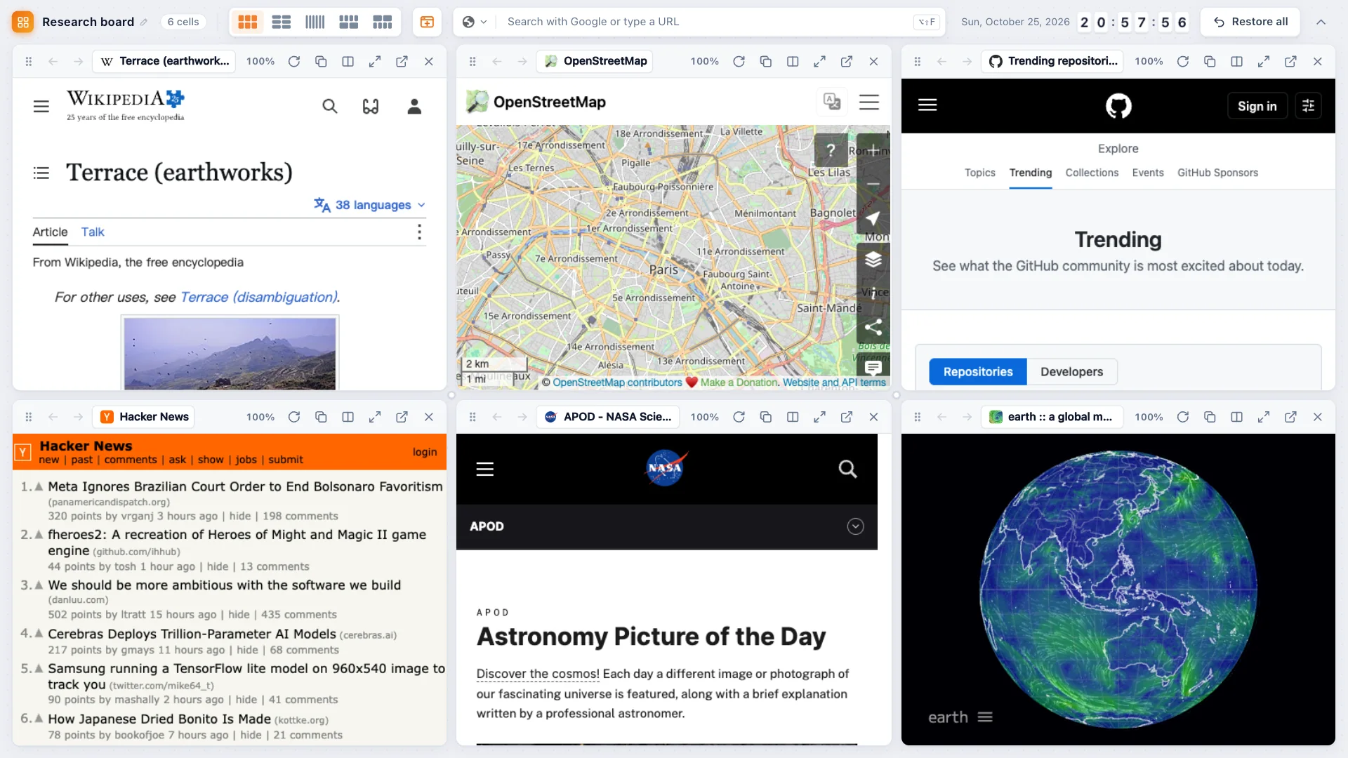 TabTerrace tab grid showing 6 live websites in one Chrome tab