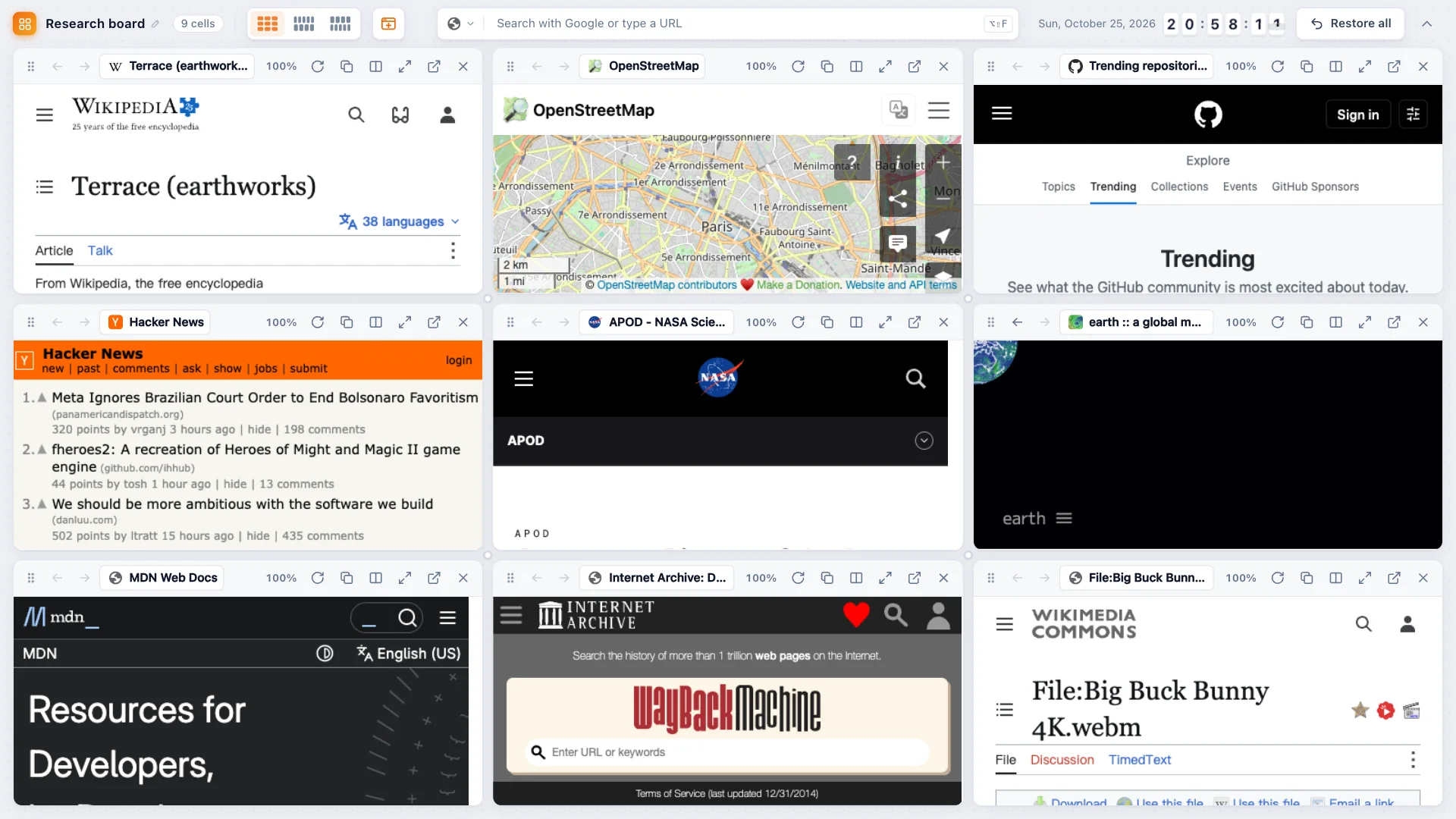 TabTerrace tab grid showing 9 live websites in one Chrome tab