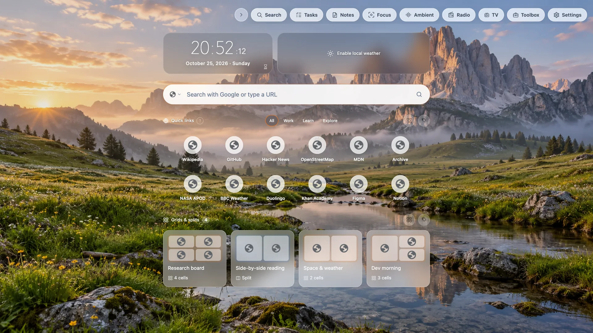 TabTerrace dashboard with a Dolomites background