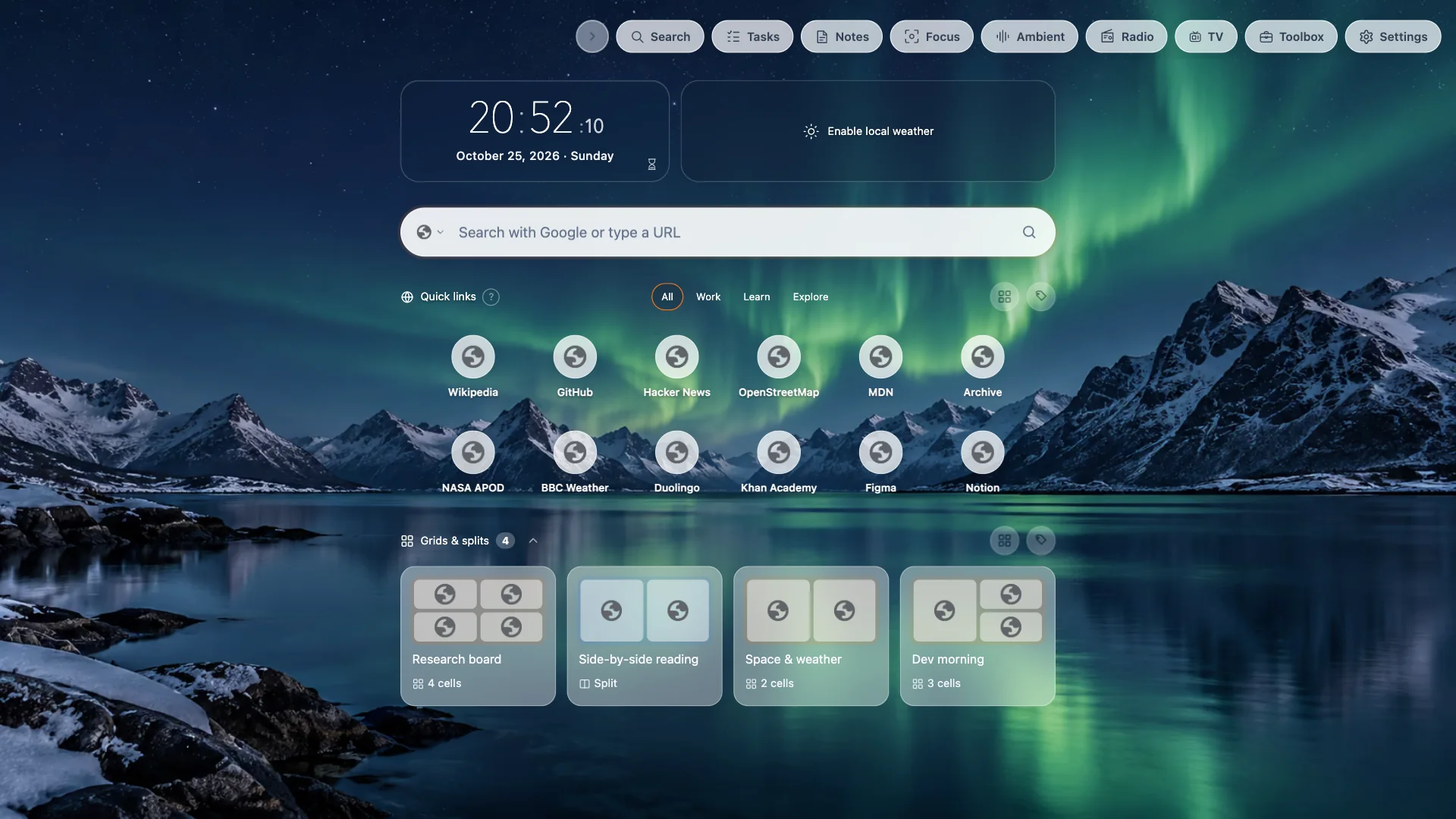 TabTerrace dashboard with a Aurora fjord background