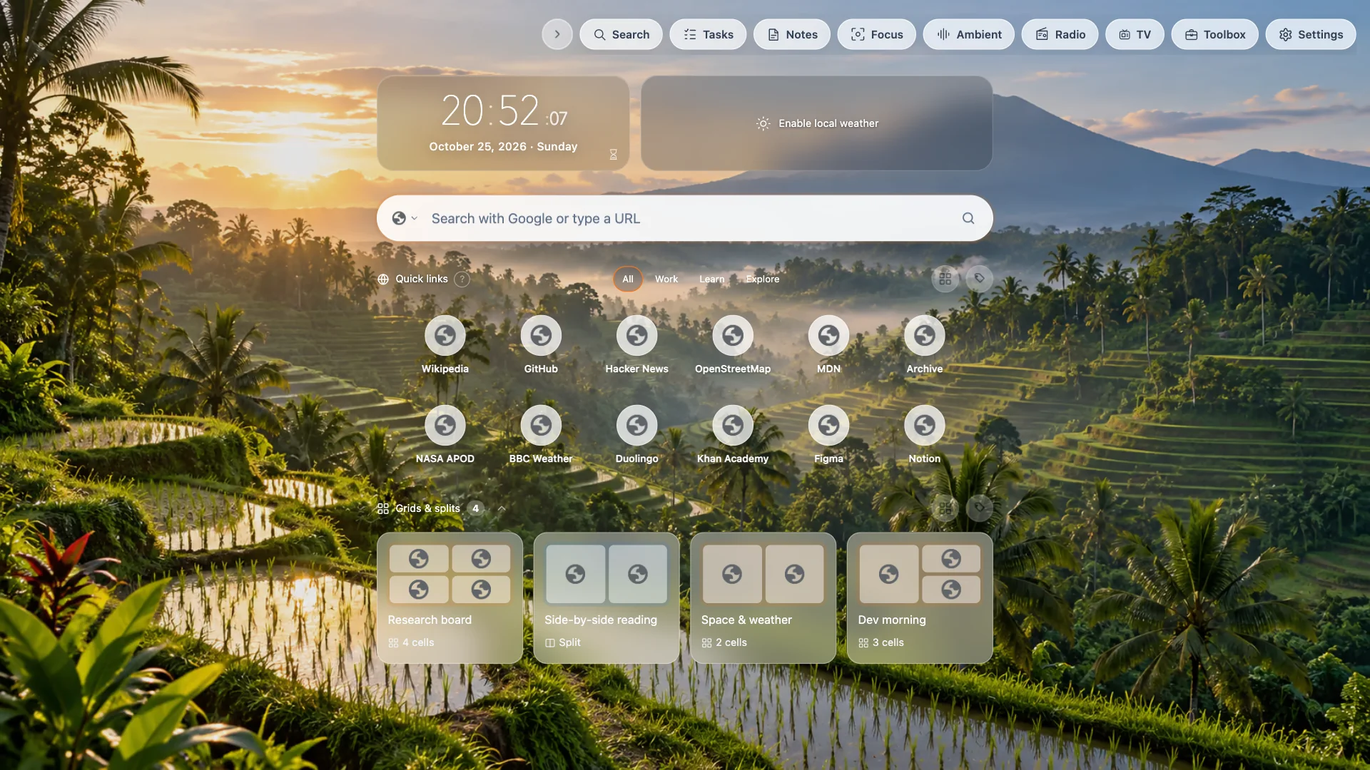 TabTerrace dashboard with a Rice terraces background