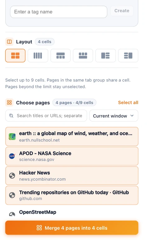Choosing pages to merge in the TabTerrace popup