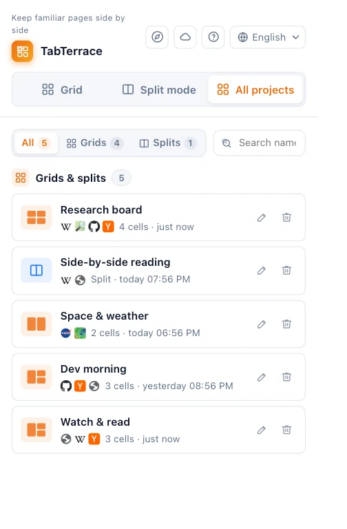 Saved grids and split views in the TabTerrace popup